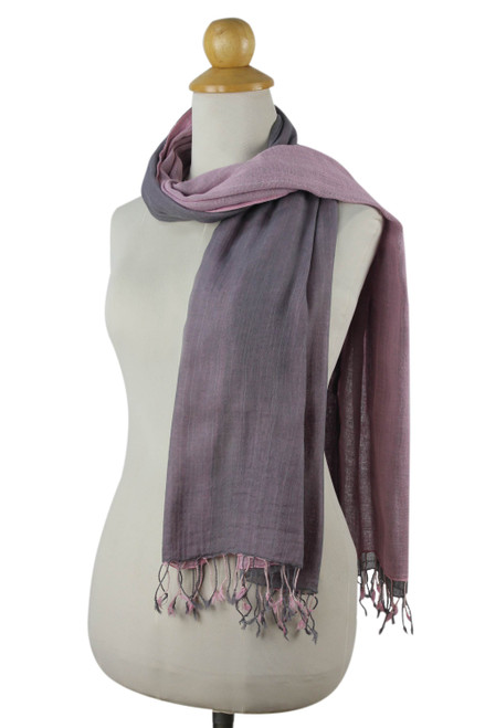 Hand-woven 2-in-1 Cotton Reversible Scarf 'Grey Pink Duet'