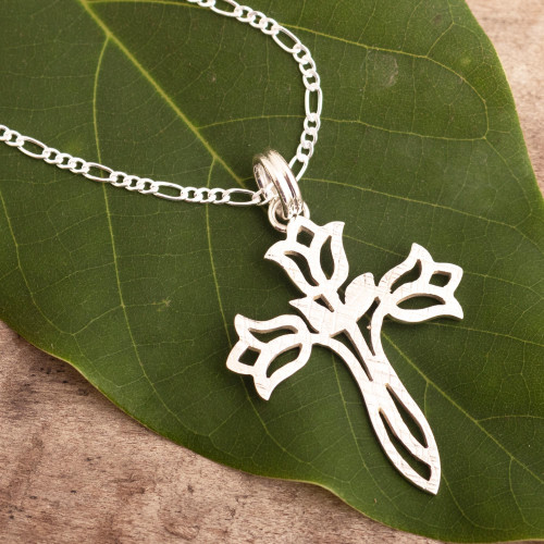 Textured Silver Floral Cross Necklace 'Tulip Cross'