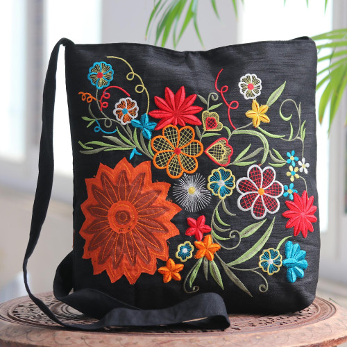 Floral Embroidery on Black Cotton Blend Shoulder Bag 'Tropical Paradise'