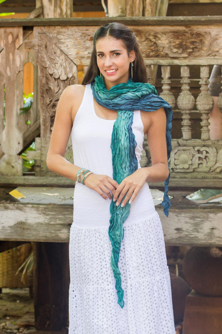 Teal Ombre Crinkled All-Silk Scarf from Thailand 'Summer Rain'