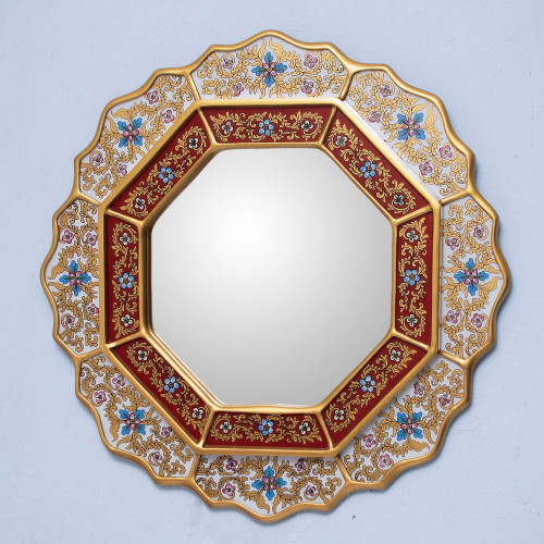 Reverse Painted Glass Wood Mirror from Peru 'White Star'