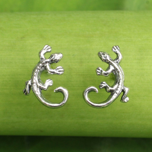 Sterling Silver Chameleon Button Earrings from Thailand 'Chameleon'