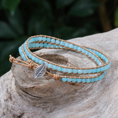 Blue Quartz and Brown Leather Hand Made Wrap Bracelet 'Hill Tribe Ice in Brown'