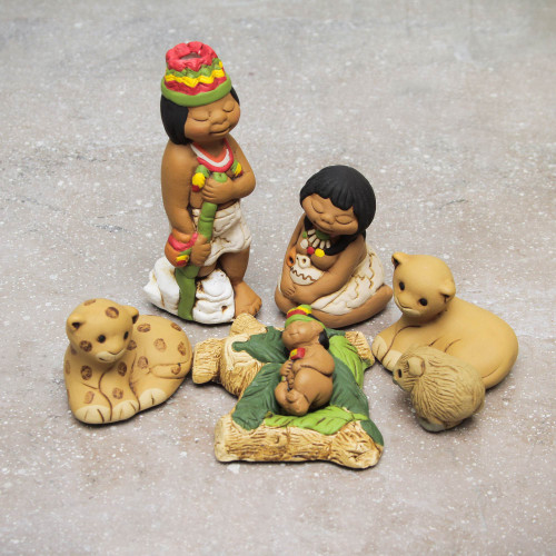 Handpainted Traditional Nativity Scene from Peru Set of 7 'Born in the Amazon'