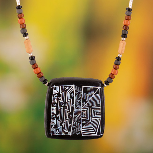 Peruvian Ceramic Pendant Necklace with Silver Beads 'Night Sky'