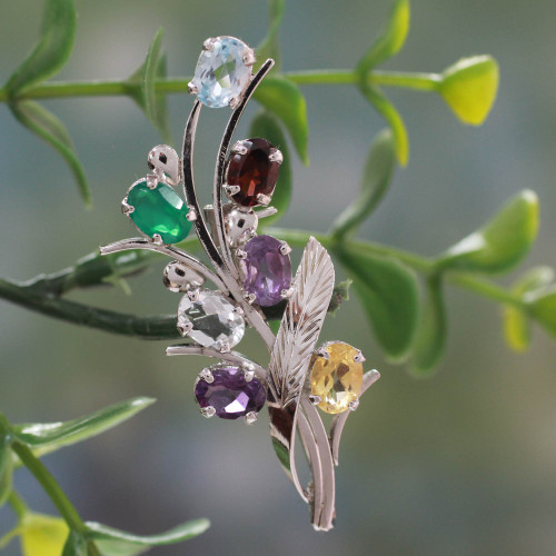 Fair Trade Multi Gemstone and Sterling Silver Brooch Pin 'Rainbow Bouquet'