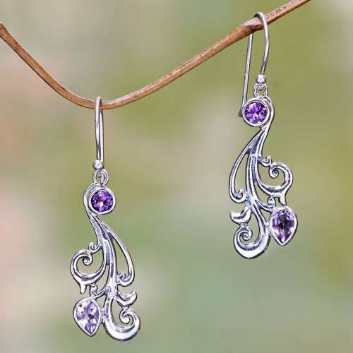 Silver and Amethyst Dangle Earrings from Bali 'Vineyard Grapes'