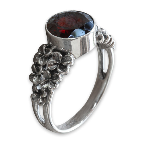 Garnet and Sterling Silver Flower Ring 'Crimson Frangipani'
