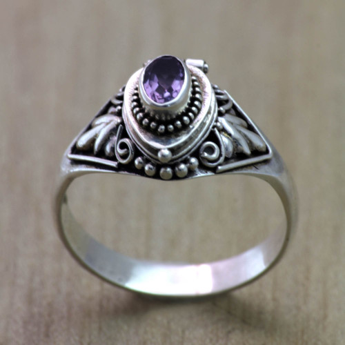 Fair Trade Silver and Amethyst Locket Ring from Bali 'Mysterious Garden'