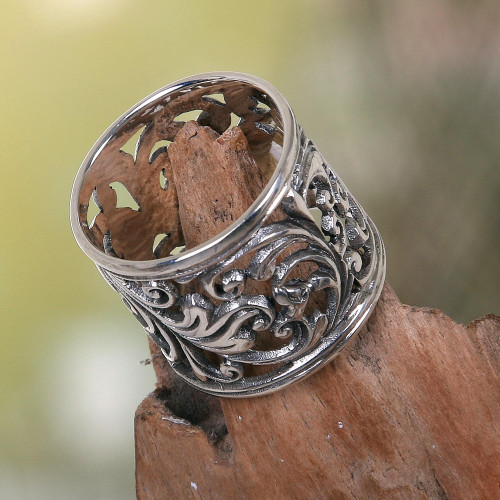 Balinese Women's Sterling Silver Handcrafted Wide Band Ring 'Tropical Rain Forest'