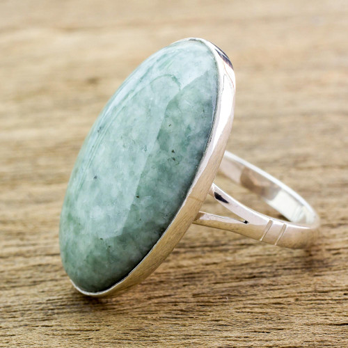Handcrafted Minimalist Forest Green Jade and Silver Ring 'Shades of Green'