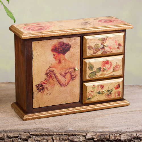 Mexican Hand Crafted Romantic Decoupage Mini Chest 'Lady with a Cat'