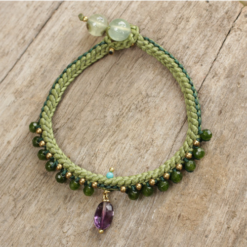 Braided Cord Bracelet with Quartz, Amethyst, and Prehnite 'Mae Sa Jungle'