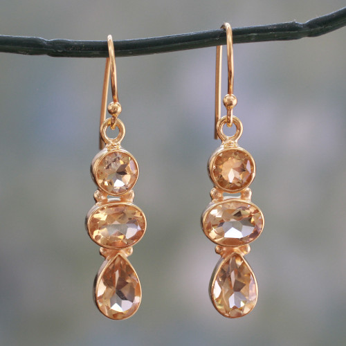 22k Gold Plated Dangle Earrings with Citrine Gems 'Golden Dazzle'