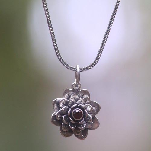 Floral Sterling Silver Garnet Pendant Necklace 'Sacred Red Lotus'