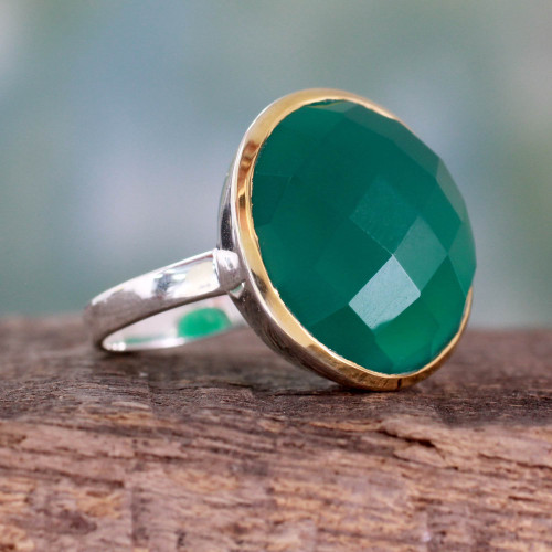 Cocktail Ring with Green Onyx in Sterling Silver and Gold 'Verdant Allure'