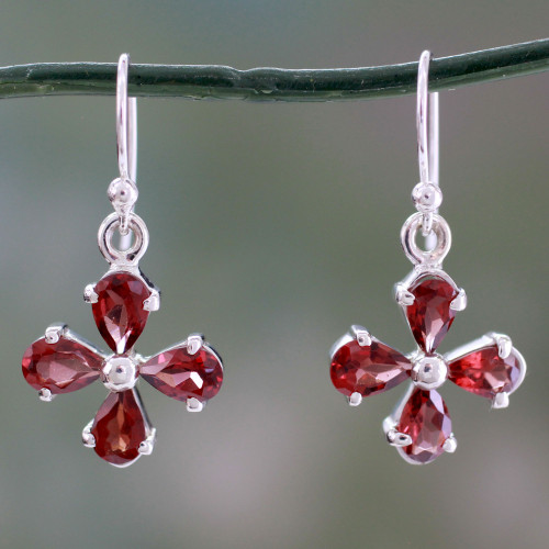 Genuine Garnet Flower Earrings in 925 Sterling Silver 'Scarlet Blossom'