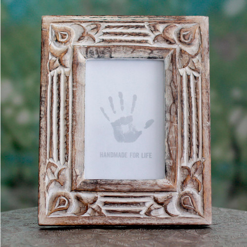 Hand Carved Wooden Photo Frame with Antiqued Finish 4x6 'Moradabad Memories'