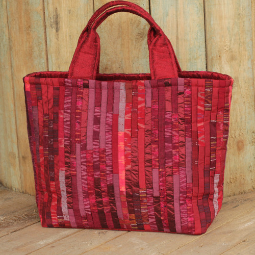 Red Hill Tribe Silk Patterned Tote Bag with Inner Pockets 'Exotic Red'