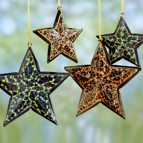 Fair Trade Star Shaped Christmas Ornaments set of 4 'Starry Night'