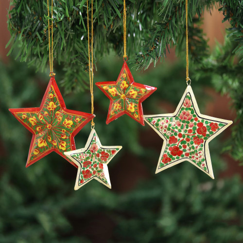 Red and Yellow Floral Star Ornaments from India Set of 4 'Holiday Bouquet'