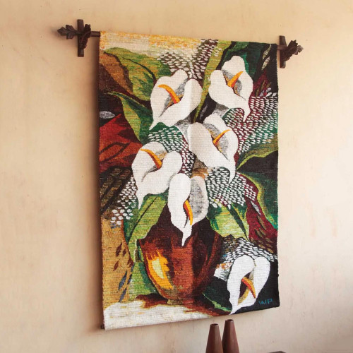 Handwoven Andean Wool Tapestry Depicting Calla Lilies 'Vase of Lilies'
