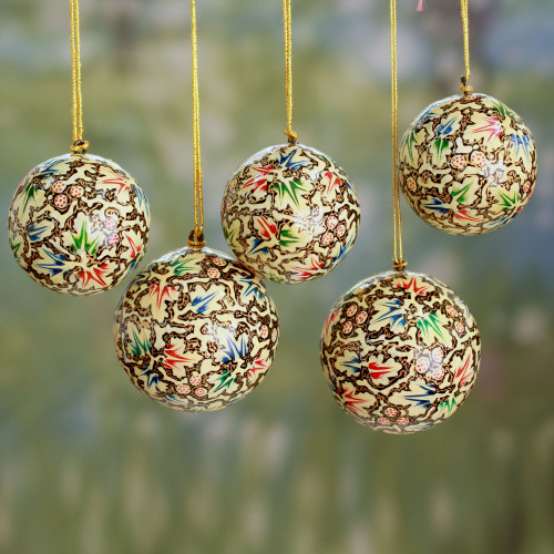 Hand Painted Papier Mache Holiday Ornaments set of 5 'Holiday Greetings'