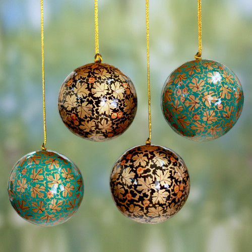 Green and Black Leaf Pattern Holiday Ornaments set of 4 'Chinar Cheer'