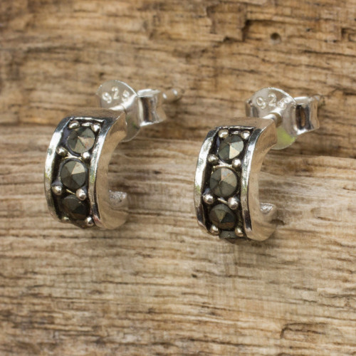 Marcasite Studs on Sterling Silver Half Hoop Earrings 'Ever Happy'