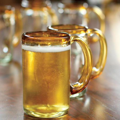 Hand Blown Beer Glasses with Amber Handle and Rim Set of 6 'Amber Beer'