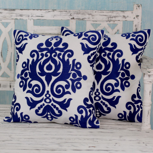 White and Blue Embroidered Cotton Cushion Covers Pair 'Sapphire Beauty'