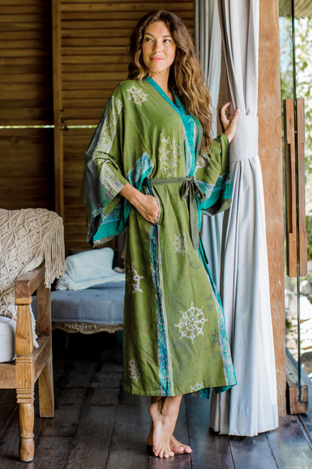 Handmade Batik Women's Robe from Bali in Shades of Green 'Pancaroba'