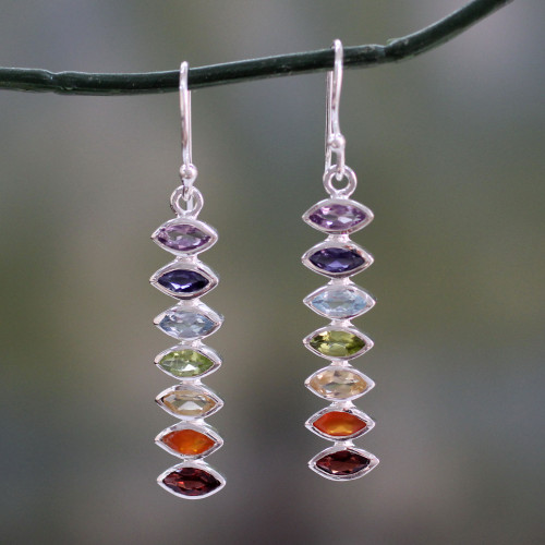 Seven-Gemstone Dangle Earrings in 925 Sterling Silver 'Chakra Balance'