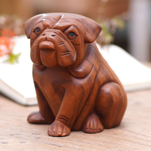 Hand Carved Wood Bulldog Puppy Sculpture from Bali 'Curious Bulldog'