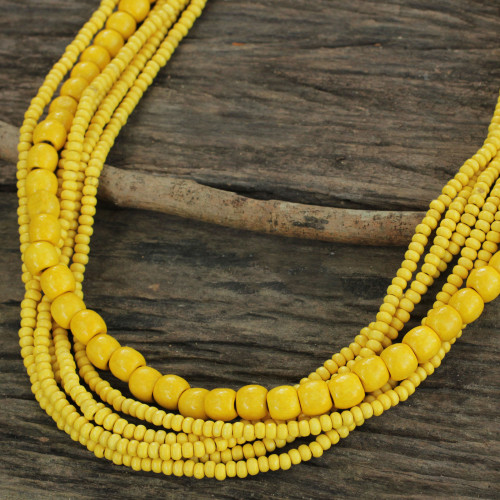 Yellow Wood Bead Necklace Hand Crafted in Thailand 'Island Dance'
