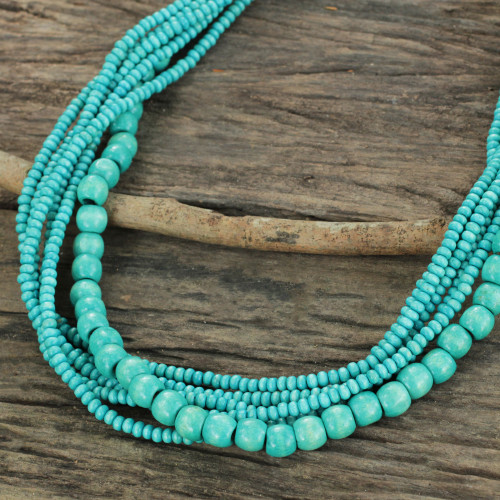 Hand Crafted Necklace with Turquoise Blue Wood Beads 'Bayou Dance'