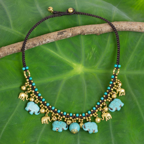 Hand Crafted Necklace with Brass and Blue Calcite Elephants 'Blue Elephant Charm'