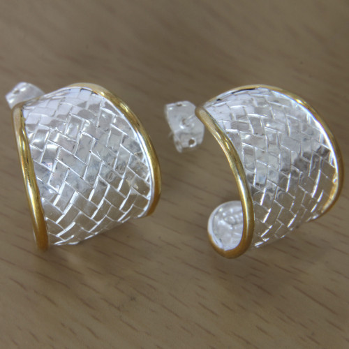 Half Hoop Earrings in Sterling Silver with 18k Gold Accents 'Celuk Weave'