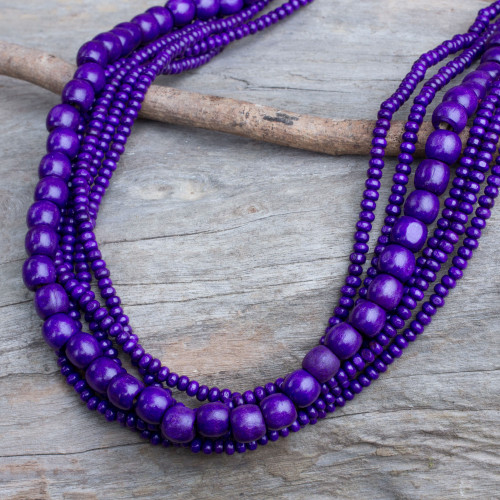 Purple Wood Bead Necklace Hand Crafted in Thailand 'Orchid Dance'