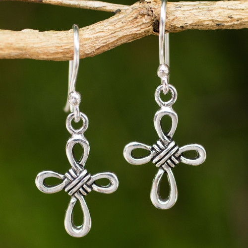 Hand Crafted Thai Sterling Silver Cross Dangle Earrings 'Knotted Cross'