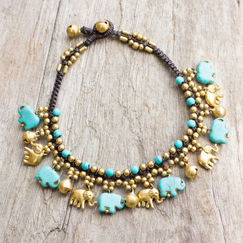 Brass Elephant Anklet with Blue Calcite and Jingling Bells 'Elephant Parade'