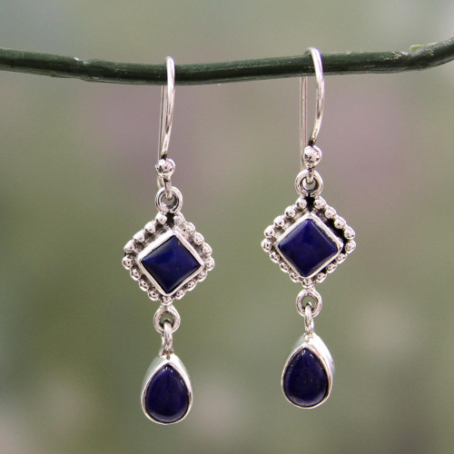 Lapis Lazuli and Sterling Silver Earrings Handmade in India 'Queen of Diamonds'