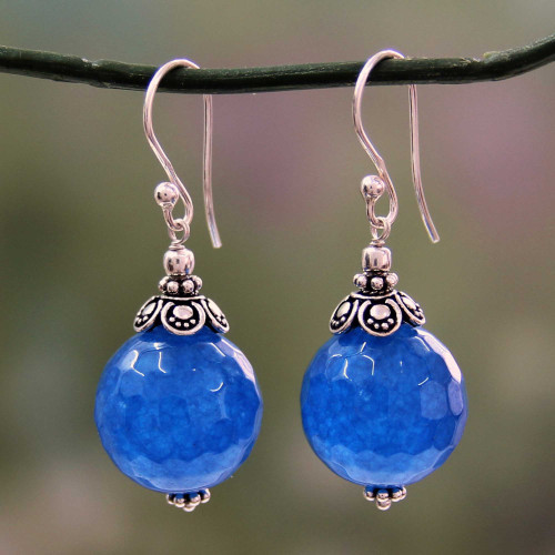 India Handmade Sterling Silver Dark Blue Chalcedony Earrings 'Ocean Magic'