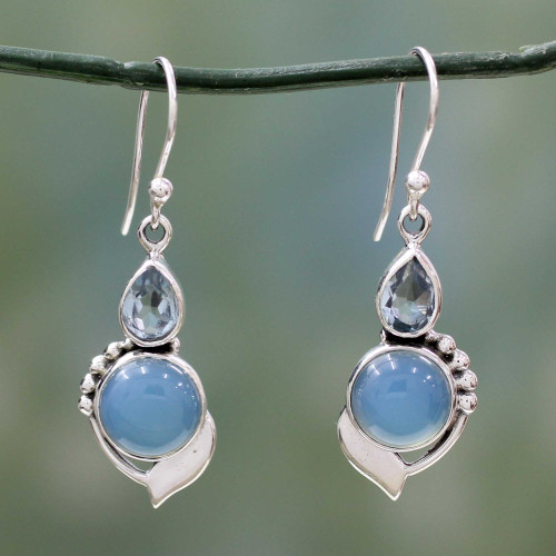 Sterling Silver Hook Earrings with Blue Topaz and Chalcedony 'Modern Romance'