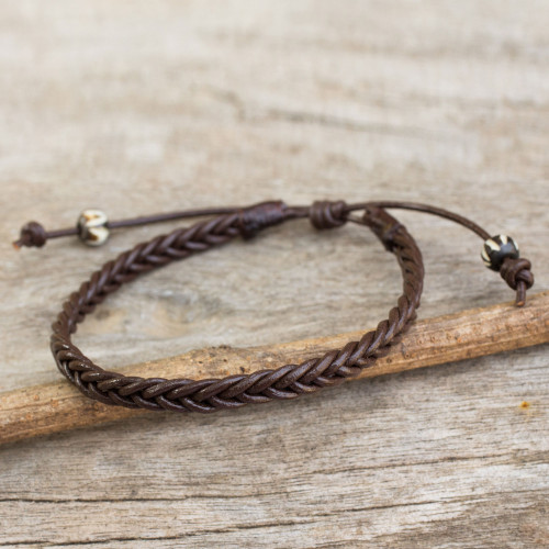 Thai Brown Leather Braided Men's Bracelet 'Single Brown Braid'