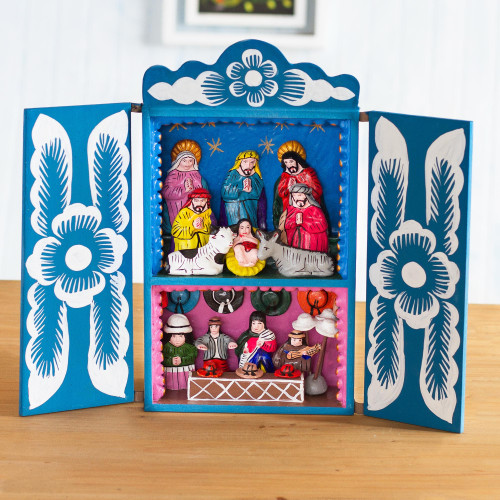 Handcrafted Christian Theme Christmas Retablo Diorama 'Blue Andean Christmas'