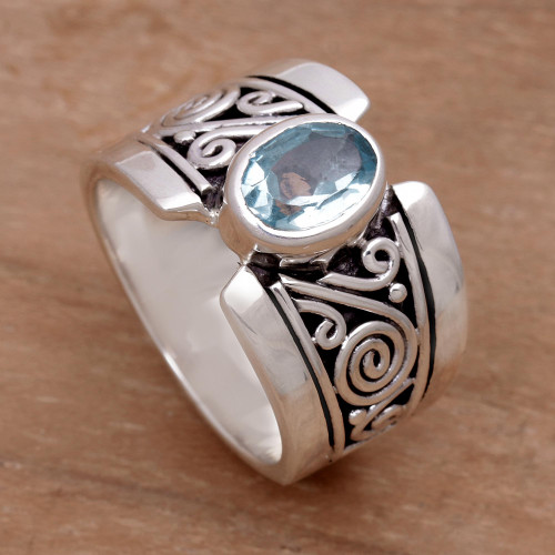 Artisan Crafted Sterling Silver Wide Ring with Blue Topaz 'Blue Karma'