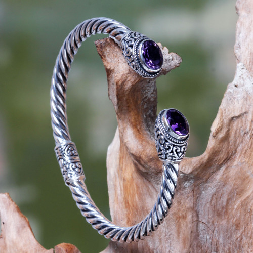 Bali Jewelry Sterling Silver Cuff Bracelet with Amethyst 'Bali Splendor'