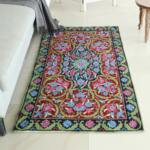 Handcrafted Floral Geometric 3 by 5 Ft Chain Stitch Rug 'Kashmir Festival'