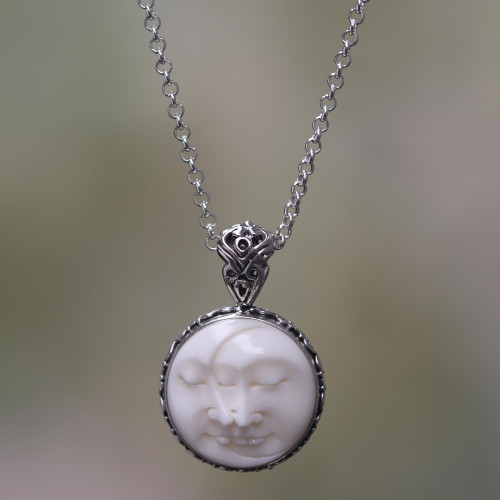 Balinese Handcrafted Silver Necklace with Bone Inlay 'Moon Romancing' Balinese Handcrafted Silver Necklace with Bone Inlay 'Moon Romancing'